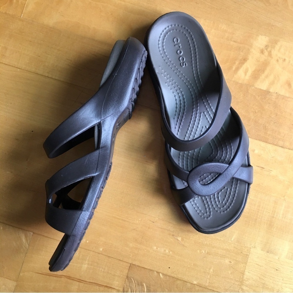 CROCS Slip On Flat Sandals, Dark Brown, Size 8W